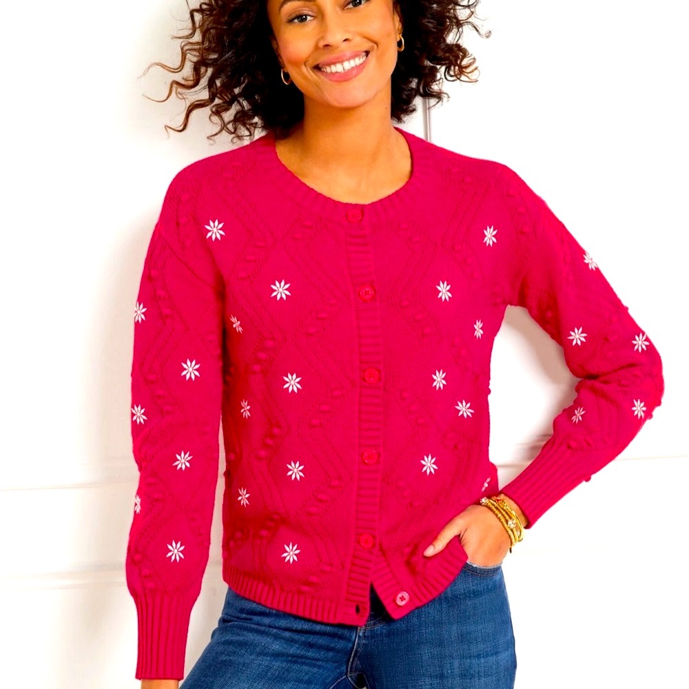 Talbots Winter Christmas Embroidered Bobble Cardigan Medium New with Tags